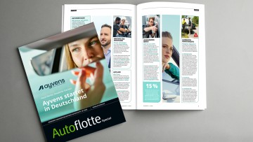 Titelseite und aufgeschlagene Doppelseite des Autoflotte Print-Magazins Ayvens