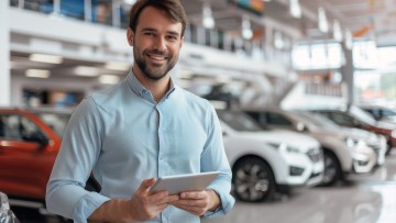 Autoverkäufer mit Tablet steht im Showroom