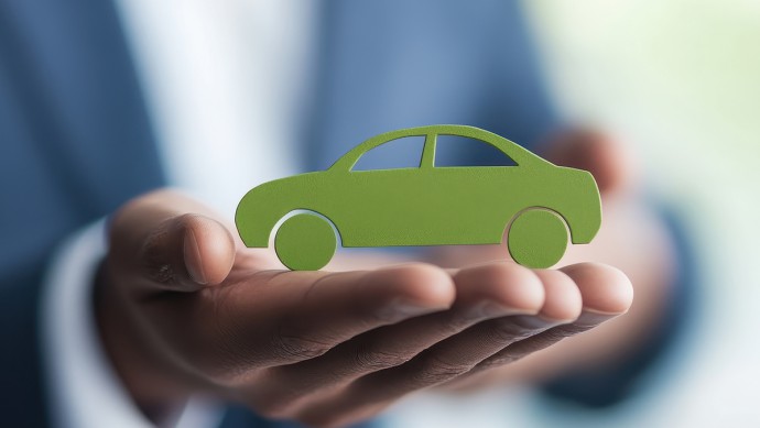 Mann im Anzug hält ein grünes Auto schützend in den Händen