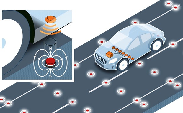 Vor-Ort-Maßnahme: Volvo testet fürs autonome Fahren die Positionsbestimmung über Magnete, die im Straßenbelag stecken. 