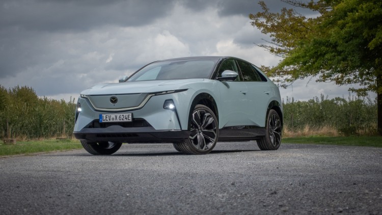 Mazda CX-6e schräg von vorn vor Wald fotografiert