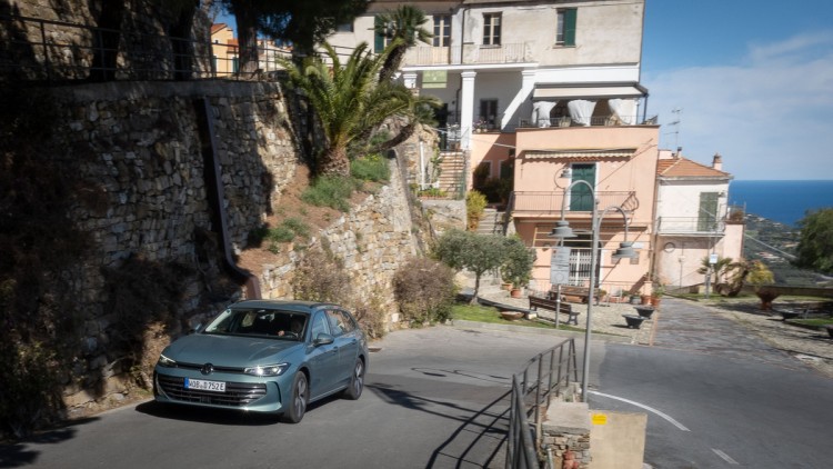 VW Passat in Grünmetallic fährt den Berg in einer Ortschaft hinauf.
