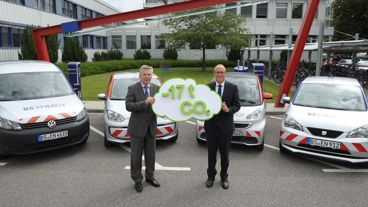Greifbarer Ökoerfolg: Bernward Rzeppa (li.), BS Energy, und Professor Christoph Herrmann, TU Braunschweig, halten das "- 17 t CO2"- Schild hoch.
