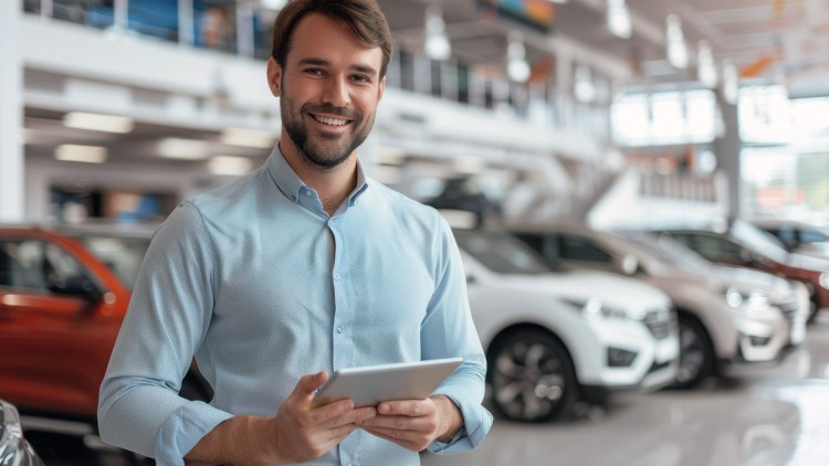 Allianz Flottenversicherung: Sicher, flexibel und nachhaltig Autoverkäufer mit Tablet steht im Showroom