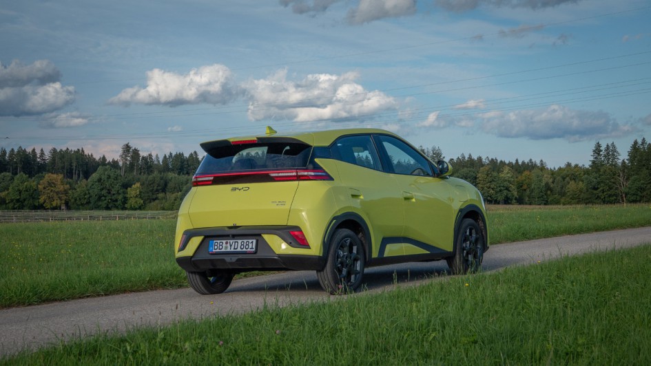 BYD Dolphin Surf Boost stehend von hinten vor Wiese und blauem Himmel fotografiert