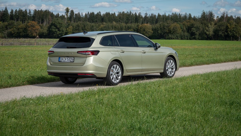 Skoda Superb Combi 2.0 TDI von schräg hinten stehend vor Wiese