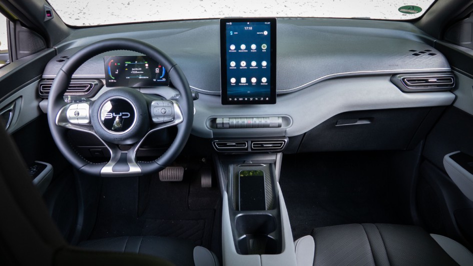 Gesamtcockpitfoto des BYD Dolphin Surf von hinten aufgenommen