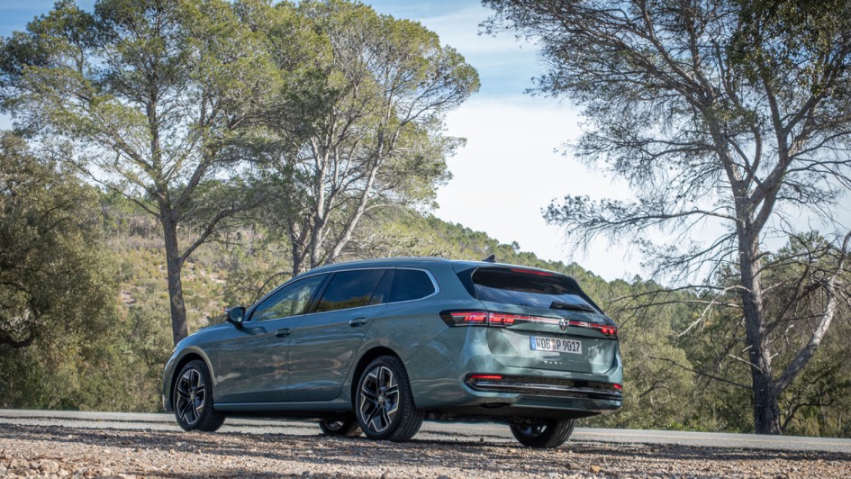 Grüner VW Passat 2.0 TDI Elegance von hinten aufgenommen